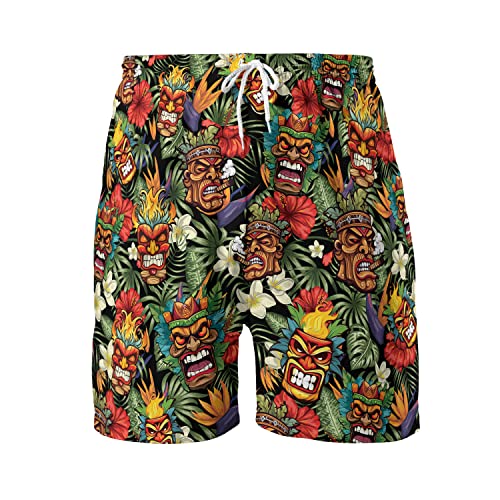 Tropical Summer Men's Quick Dry - Tiki Mask Hawaiian Shorts for Men - Beach Tiki Shorts Swim Trunks Set 7 (TND-LN-7)