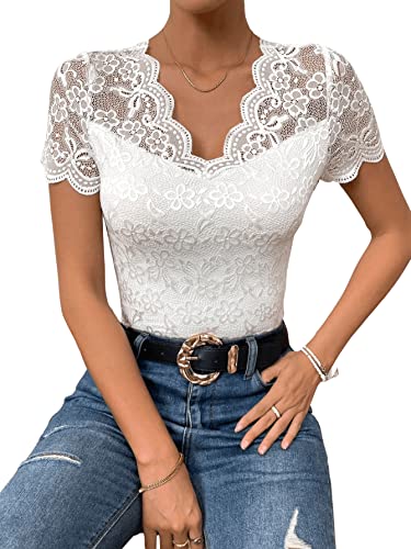 GORGLITTER Damen Body Durchsichtig Spitzen Bodysuit Oberteil Trachtenbody Spitzenbody Party Bodys Dirndlbody V-Ausschnitt Weiß M