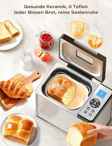 KEEPEEZ Brotbackautomat 1kg Edelstahl mit Keramikpfanne, 19 Automatischer Programme inkl. individuell programmierbar, 15h Timer, 3 Bräunungsgrade & Größen, auch für Kuchen, Pizzateig,Marmelade,Joghurt