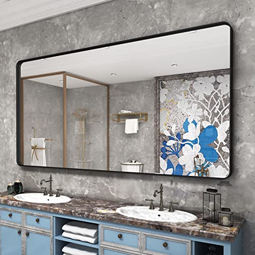 ODDSAN 55x30 Matte Black Bathroom Mirror, Modern Rectangle Metal Framed Mirrors for Wall, Rounded Corners, Shatter-Proof (Horizontal/Vertical) ODDSAN 55x30 Matte Black Bathroom Mirror, Modern Rectangle Metal Framed Mirrors for Wall, Rounded Corners, Shatter-Proof (Horizontal/Vertical)