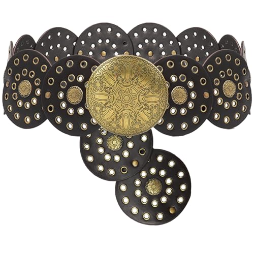 Western Leather Belts for Women Vintage Boho Cowgirl Belt with Concho Wide Disc Belt for Dresses Jeans Skirts