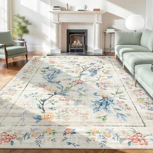 GarveeHome Beige Area Rugs 8x10 for Living Room, Floral Peacock Large Washable Rug Soft Non Slip Backing Floor Mat Carpet Indoor Thin Accent Rug for Bedroom Dining Room Playroom Nursery Home Decor