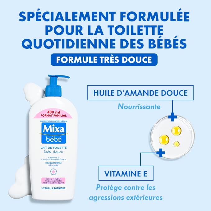 Mixa Bébé, Very Soft Toilet Milk, For Delicate Skin and Infants, With Vitamin E + Sweet Almond Oil, Optimal Compatibility - Image 3