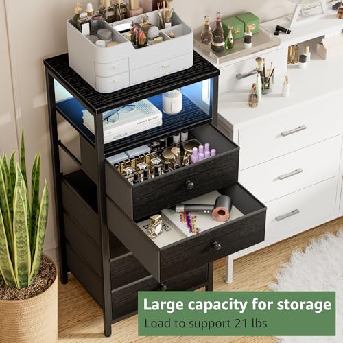 Image of BOLUO Black Dresser with 5 Drawers Tall Nightstand with Charging Station and LED Light, Bedside Table Room Storage Drawers Closet