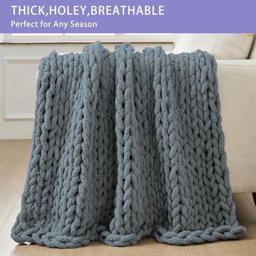 Bigacogo Chunky Knit Throw Blanket for Couch, 40x40 inches, 100% Hand Knitted with Thick Jumbo Chenille Yarn, Cozy Soft Large Rope Knot Cable Crochet Blankets for Sofa Bed Living Room, Iron Gray