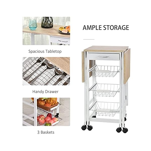 HOMCOM Drop-Leaf Kitchen Cart Trolley w/ 3 Baskets Drawer Surface Top 6 Universal Wheels Rolling Storage Unit Kitchen Home Dining Island White Oak Tone - Image 7
