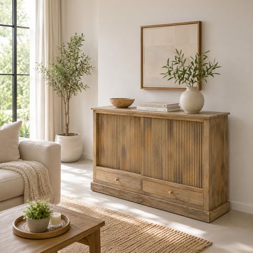 Image of The Attic Velora Cabinet, Solid Wood, Natural Finish, Kitchen and Living Room Storage