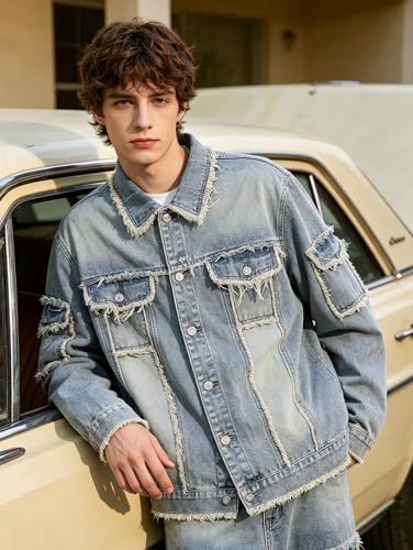 Image of Men's Denim Jacket Patchwork Fringe Jacket Slim Jean Jacket Streetwear Coat