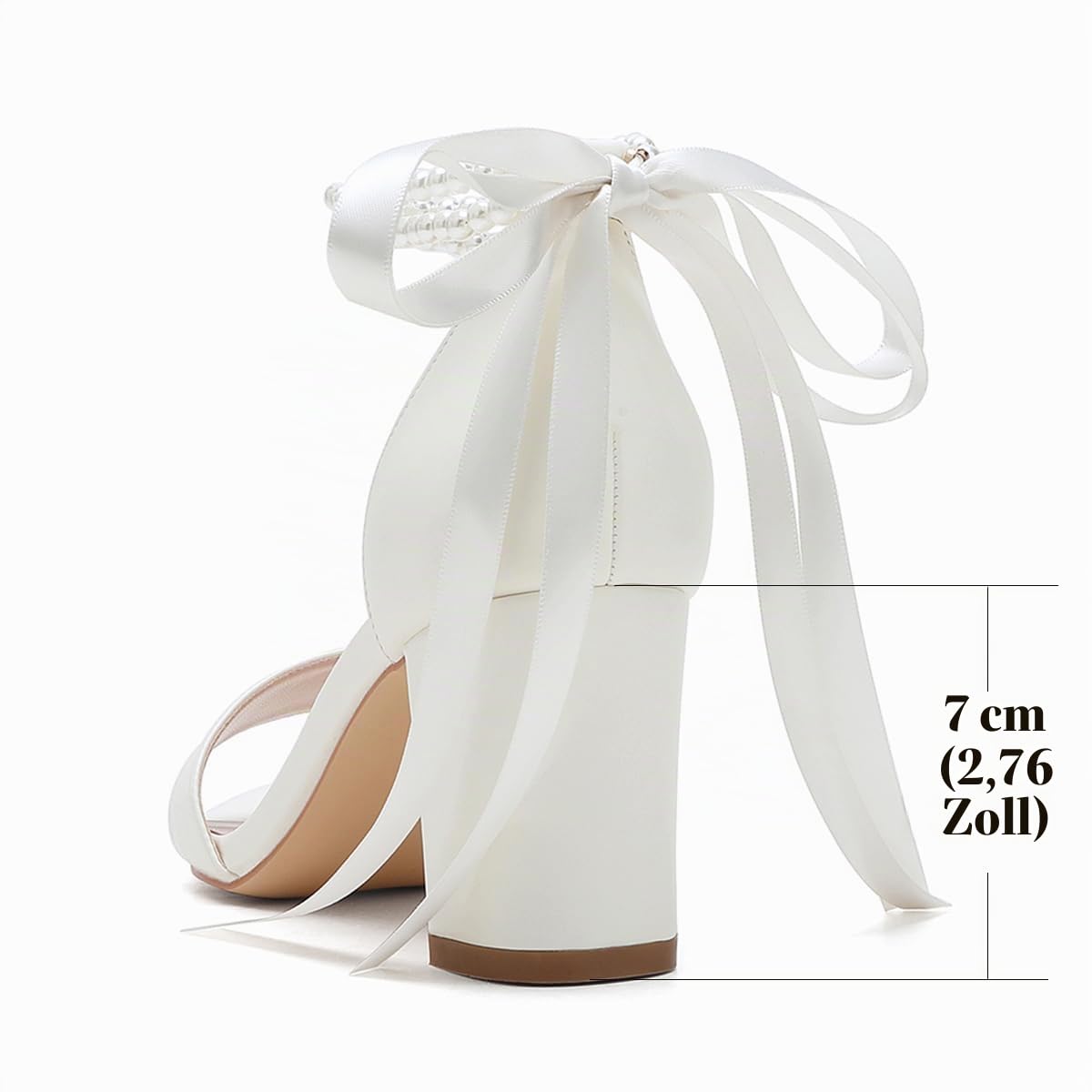 Sandalen Damen Offener Zehenbereich Satin Sandaletten mit Mittlerem Absatz Perles Knöchelriemen Brautschuhe