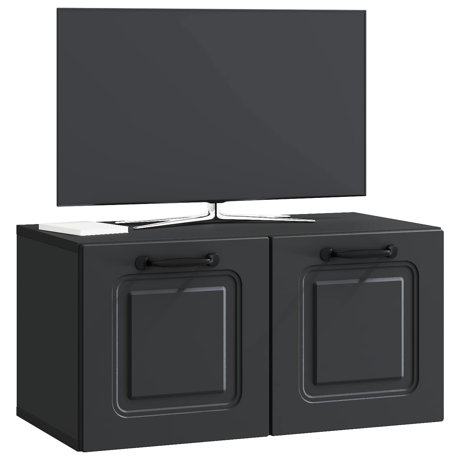 Wandmontierter TV-SchrankSchwarz 59,5x31x30 cm Holzwerkstoff Lowboard Haengend Fernsehtisch Fuer Wohnzimmer Kleines TV Board Platzsparendes Media Center mit 2 90 Grad Schwenktueren