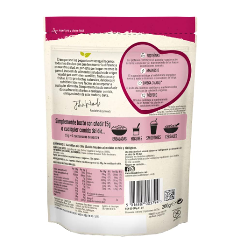 Semillas de chía orgánicas molidas, 200 g, paquete de 6 unidades.