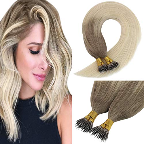 VeSunny Blonde Balayage Hair Extensions Nano Rings Human Hair Color #14 Mix #60 Platinum Blonde Ombre Nano Ring Loop Remy Hair Extensions Real Straight Hair 22" 1G/S 50G