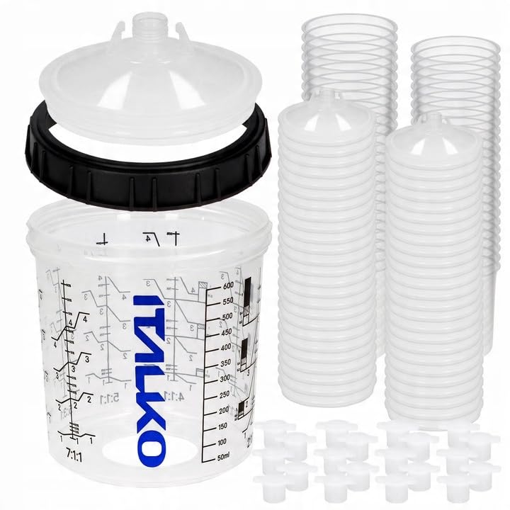 Lackierbecher Set PPS 650ml – 50 Einwegbecher + 50 Deckel mit 125µm oder 190µm Filter + 1 Haltebecher + Verschlusskappen – Mischbecher für Lack Lackierpistole Spritzbecher