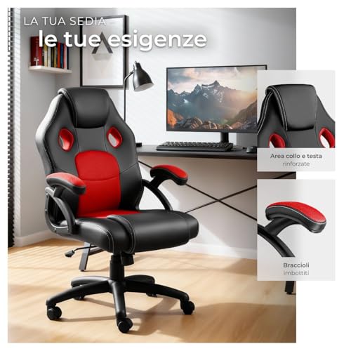 ® Sedia da Ufficio Ergonomica, Sedia Scrivania con Rotazione 360°, Imbottitura Confortevole, Rivestimento Similpelle, Poltrona Gaming con Altezza Regolabile, 5 Rotelle Doppie - Nero/Rosso - Sedia gaming - Immagine 7