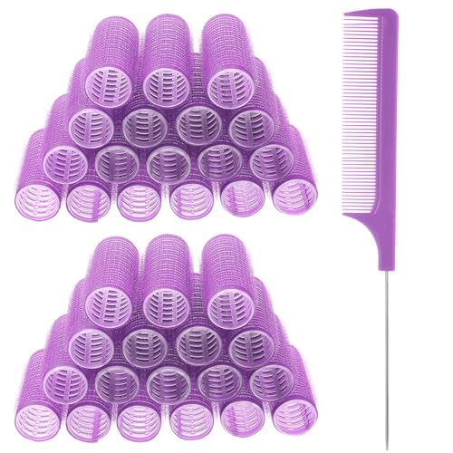 18pcs Self Grip Small Hair Curlers Set, Heatless Rollers Hair Curler Nylon Roller Set with Rat Tail Comb Hairdressing Tools for Women Salon Hairdressing Curlers Rollers(Light purple)