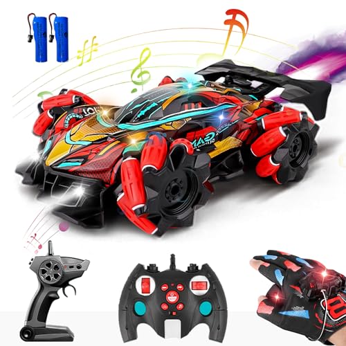 GoolRC RC Stunt Car, Gesture Sensing RC Cars, 2.4GHz 4WD Remote Control Car with 360° Rotating, Spray, Lights & Music, 3 Control Mode for Adults Birthday Gifts, 2 Battery (Red)