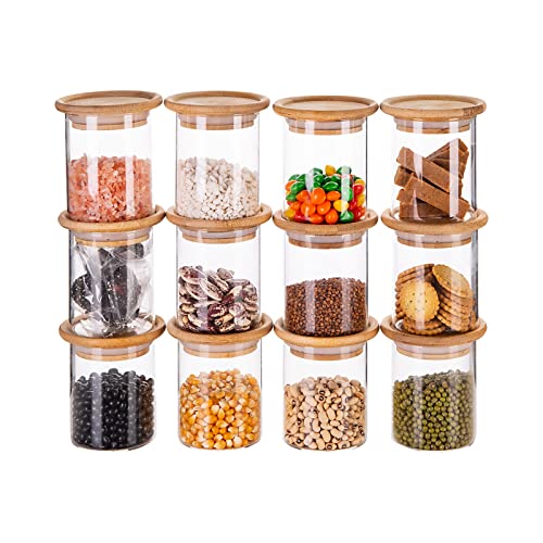 SUNNOW Vastto 12 Pack 6 Ounce Stackable Glass Jars Set with Bamboo Airtight Lids,Airtight Glass Canister, Small Food Storage Containers for Kitchen Pantry Organization, Herbs, Candy, Dry Food