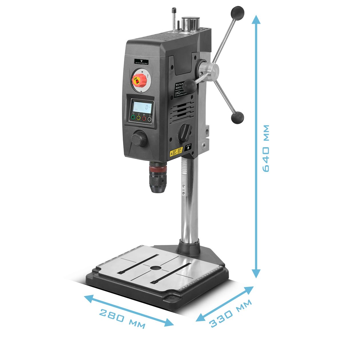 STAHLWERK Tischbohrmaschine mit Kreuzlinienlaser – 800 W Ständerbohrmaschine, Drehzahl 200 – 2.500 U/min, Schnellspannbohrfutter 1,5-13 mm, Säulenbohrmaschine mit 90 mm Bohrhub und Digitaldisplay