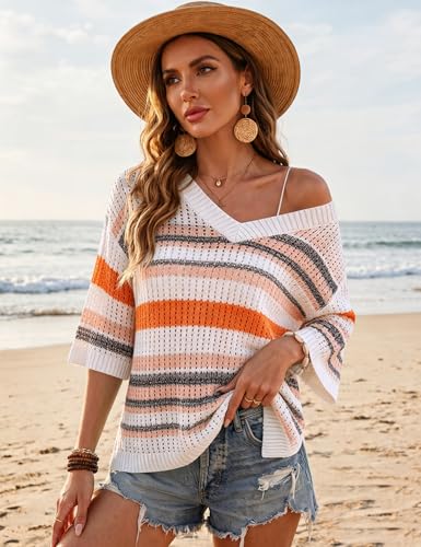 Image of Rapbin Women's Crochet V Neck Beach Cover Up 3 /4 Sleeve Hollow Out Knitted Pullover Sweater