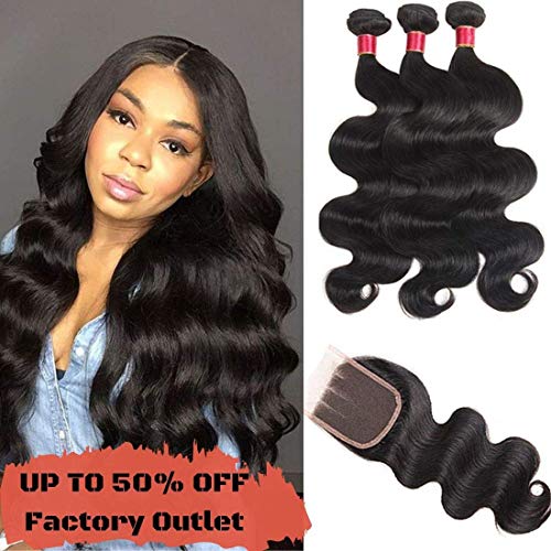 Brazilian Virgin Hair Body Wave Bundles with Closure 14 16 18+14 10A Human Hair Bundles with Closure 3 Part Body Wave Lace Closure with Baby Hair None Bleached Knots Natural Color