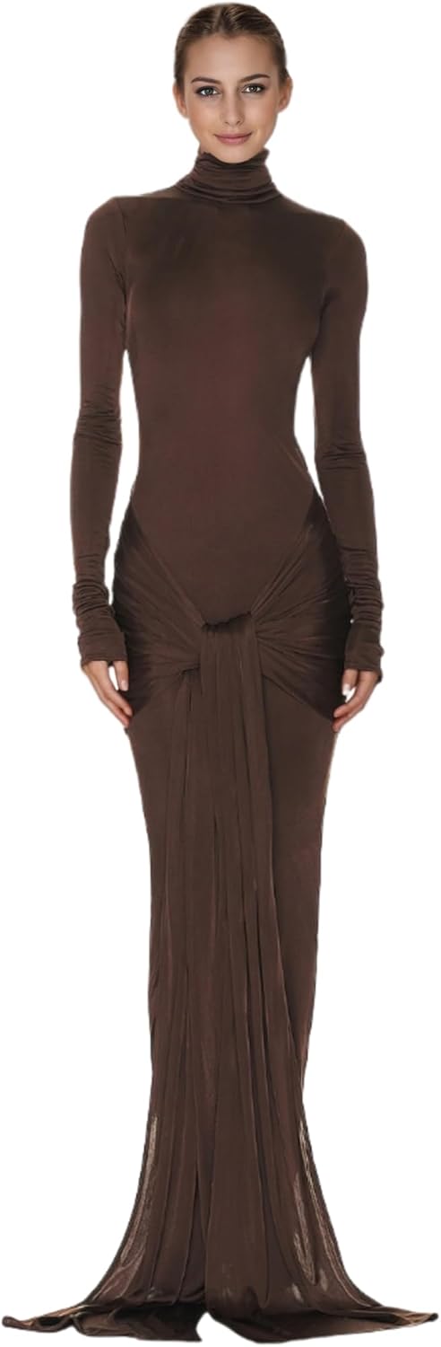 JUMISEE Women's Sexy High Neck Long Sleeve Maxi Dress Elegant Tie Waist Bodycon Long Dress Cocktail Party Dress