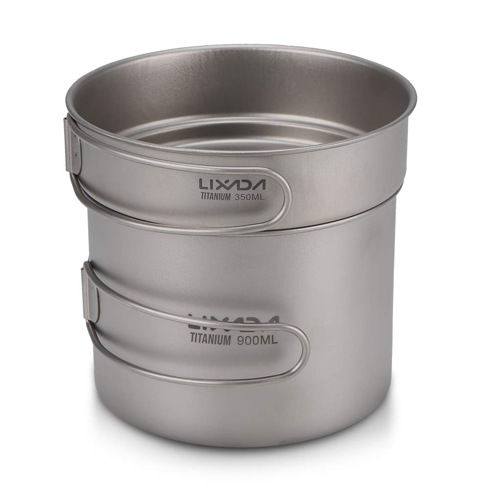 LixadaCamping Cookware Set Ultralight Titanium 900ml /1100ml Pot +350ml Fry Pan with Folding Handles for Outdoor Travel Camping Hiking