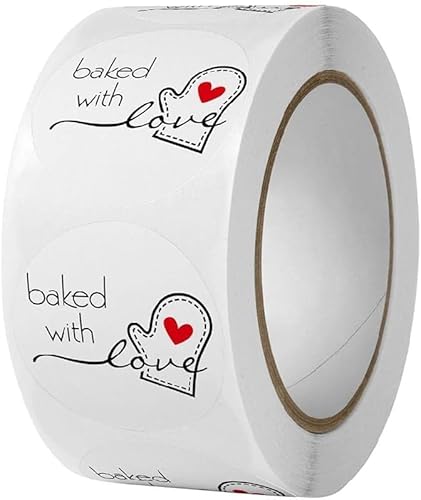 JJLFresheners 500Pcs/Roll White Baked with Love Adhesive Stickers, Round Baking Stickers, Bakery Bags Candle Packaging Sticker Labels