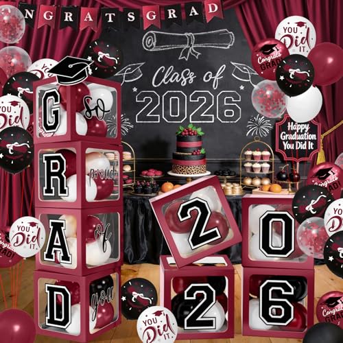 2026 Graduation Decorations - Maroon Balloon Boxes with Letters 2026 Grad & So Proud of You and Maroon Black White Print Balloons Graduation Party Decorations Class of 2026 for Any Grades