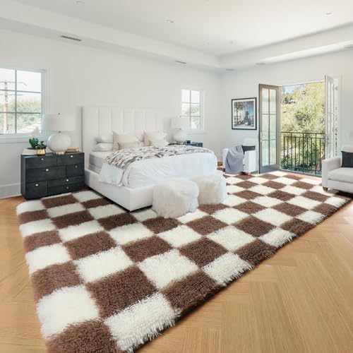 Image of KICMOR Rugs for Living Room 8x10, Large Fluffy Fuzzy Brown and Cream White Checkered Shag Area Rug Shaggy Big Carpets for Bedroom, Soft Plush Floor Rugs for Kids Boys Girls Room Nursery Home Decor