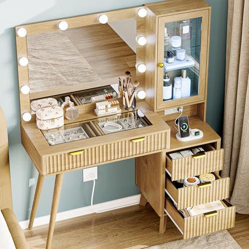 Image of Vanity Desk with Mirror and Lights, 45 inch Fluted Makeup Vanity Desk with Lights &5 Drawers, Glass Top Vanitys with Lighted Mirror and RGB Cabinet, Dressing Table with Power Outlet for Bedroom, Oak