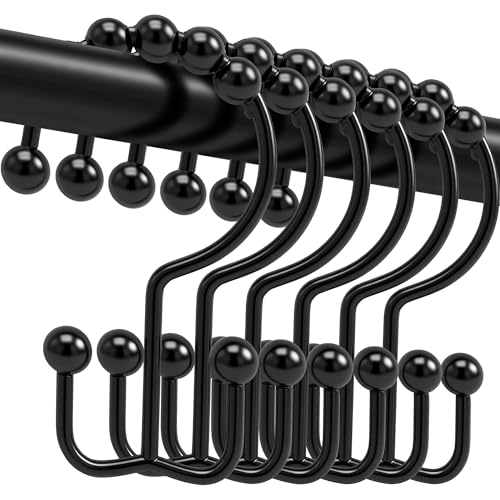 Shower Curtain Hooks 12 Pcs Rustproof Metal Shower Curtain Rings Free Sliding Double Shower Hooks for Shower Curtain & Liners Shower Curtain Hangers for Bathroom Shower Curtain Rods Curtains (Black)