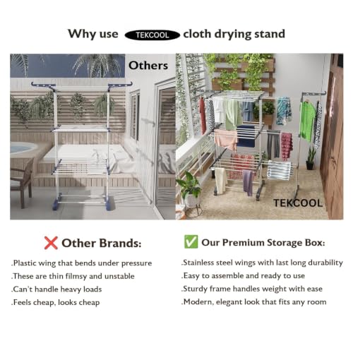 Image of TEKCOOL Expandable Clothes Drying Stand for Home|Cloth Dryer Stand with Wheel|Cloth Stand for Drying Clothes Foldable|Stainless Steel Clothes Hanging Stand|Cloth Rack for Balcony(3 Layer, Grey);;