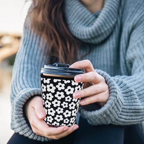 Image of Reusable Insulated Sleeve for Iced Coffee Cup, Coffee Neoprene Sleeve for Cold & Hot Drinks, Beverage Holder for Iced Coffee (Black Florals, Small: 16-18oz)