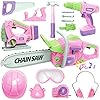 5195v1sbebl - Kids Power Tool Set with Electric Drill, Chainsaw & Jigsaw - Realistic Pretend Play Construction Kit for Boys & Girls - Pink Toddler Toy Tools - Kids tool set