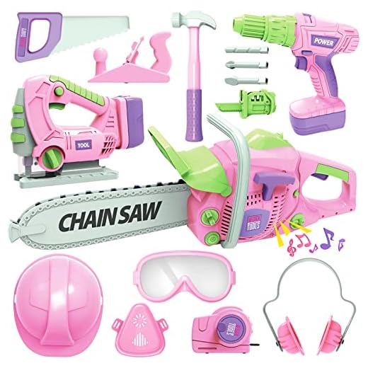 Kids Tool Set with Electric Toy Drill Chainsaw Jigsaw Toy Tools for Girl, Realistic Kids Power Construction Pretend Play Tools Set Toddler Toys Playset Kit for Toddler Boy Girl Kid Child Tool Toy Pink