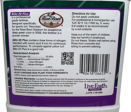 Live Earth Products Blitz 22 Plus Premium Turf Fertilizer, 22-0-0 With Humic Acid, 32 Fl. Oz. #TOP3