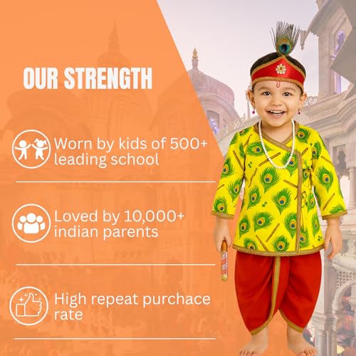 Image of Sarvda Shree Krishna Dress for Baby Boy & Radha Dress for Girls | Janamashtami Dress | Fancy Dress Costume with Accessories Dhoti, Dupatta, Mukut Flute Complete set, Ethnic wear