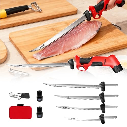 Cuchillo Eléctrico Inalámbrico Para Filetear Pescado De 12 V, 4 Hojas, Mango Antideslizante Y Cierre De Seguridad, Incluye 2 Baterías Recargables Y Bolsa De Transporte Para Pesca Y Fileteo.