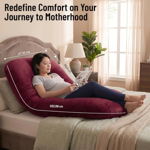 Image of Amazon Basics Full Body Pregnancy Pillow for Maternity,Baby Nursing,Full Body Support-Abdomen,Hip,Spine,Neck&Leg Support Cushion| Perfect Baby Shower Gift |J-Shaped-Washable Cover with Zip - Maroon