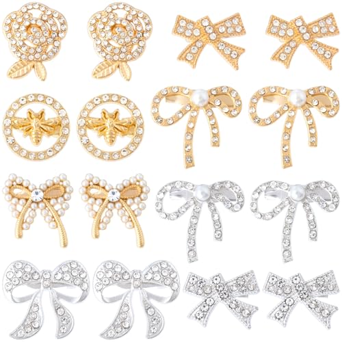Image of 16pcs Small Brooch Buttons for Women, Pearl Rhinestone Lapel Button, Bow Flower Charms for Clothes Sock Shoes Shirt Dress Shawl Hat Decoration 8 Styles- Gold & Silver