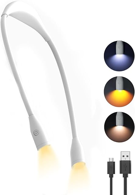 tuare Neck Reading Light, 3 Color Book Light with Stepless Adjust Brightness, Rechargeable Lightweight Neck Light for Knitting Reading Crafting Travelling, Bitrthday Gifts for Women or Men (White)