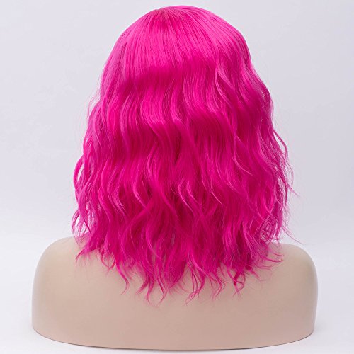 Image of BERON Pink 14 inch Wigs for Women Girls Short Curly Bob Wavy Wig Hot Pink Color Body Wave Halloween Cosplay Daily Party Wigs