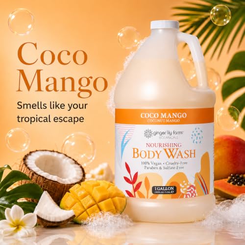 Image of Ginger Lily Farms Botanicals Nourishing Body Wash, Coco Mango, 100% Vegan & Cruelty-Free, Coconut Mango Scent, 1 Gallon (128 fl oz) Refill | 100% Vegan & Cruelty-Free | Nourishing Bath & Shower Gel for All Skin Types | Refill Size