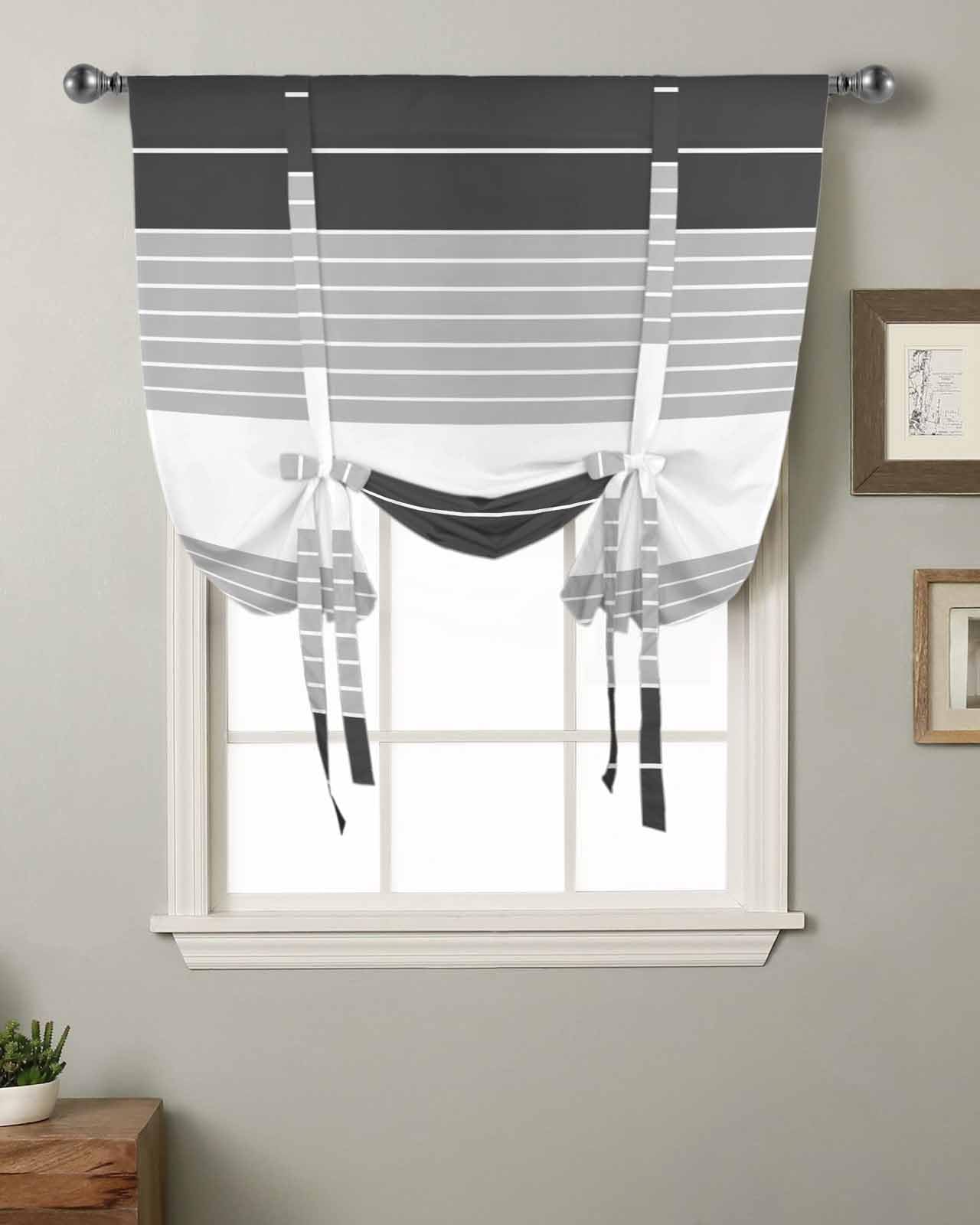 Black Grey Stripe Tie Up Curtains for Windows 63 Inch Length Balloon Curtains Kitchen Adjustable Balloon Window Shade Modern Art Horizontal Striped Tie Up Valance Bathroom Curtain Window 46