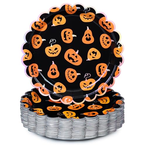Halloween Paper Plates 50-Count Disposable Halloween Dinner Plates Scalloped Party Supplies Jack O Lantern Iridescent Silver Foil