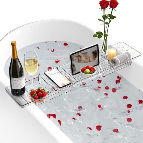 Penbinmall Vassoio Regolabile per Vasca da Bagno in Plastica Trasparente,