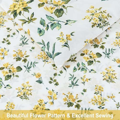 Image of lasoftan Floral King Comforter Set with Sheets, 7 piece Luxury Vintage Bedding, Soft Microfiber Bed in a Bag, Cozy Lightweight Bed Set, Yellow Flower Green Leaves