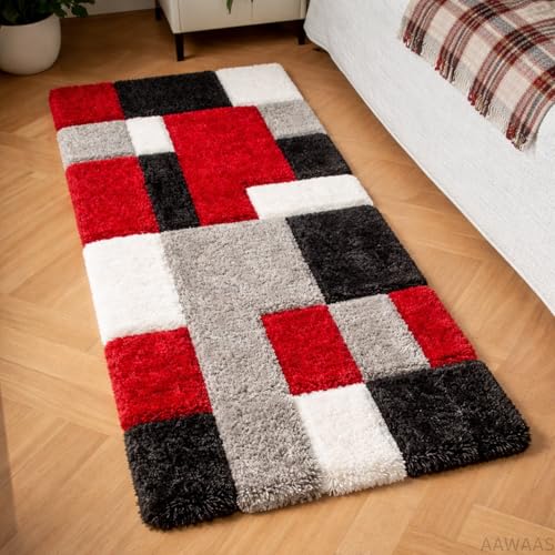 Image of 3D Shaggy Polyester Carpet Rug Runner Area Mats for Bedroom /Living Area /Home with Anti Slip Backing Soft /Fluffy Hight Pile - (3D Red B, 2x5 feet)