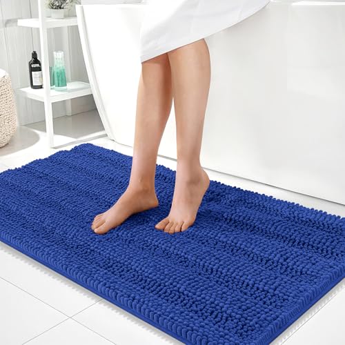 Image of OLANLY Thick Bathroom Runner Rugs 44x24, Extra Absorbent Chenille Striped Bath Rugs, Rubber Backing, Machine Wash Dry, Long Bath Mats for Bathroom, Tub and Shower, Home Decor Accessories, Royal Blue