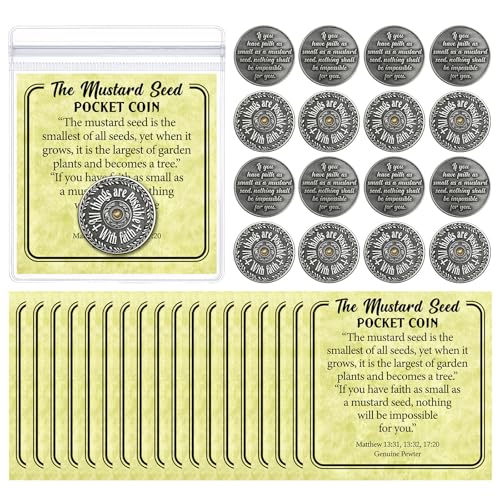 Colarr 24 Sets Mustard Seed Gift Mustard Seed Pocket Coin with Card Bulk Catholic Christian Themed Coins Christian Religious Inspirational Gifts for Men Women Church Gifts